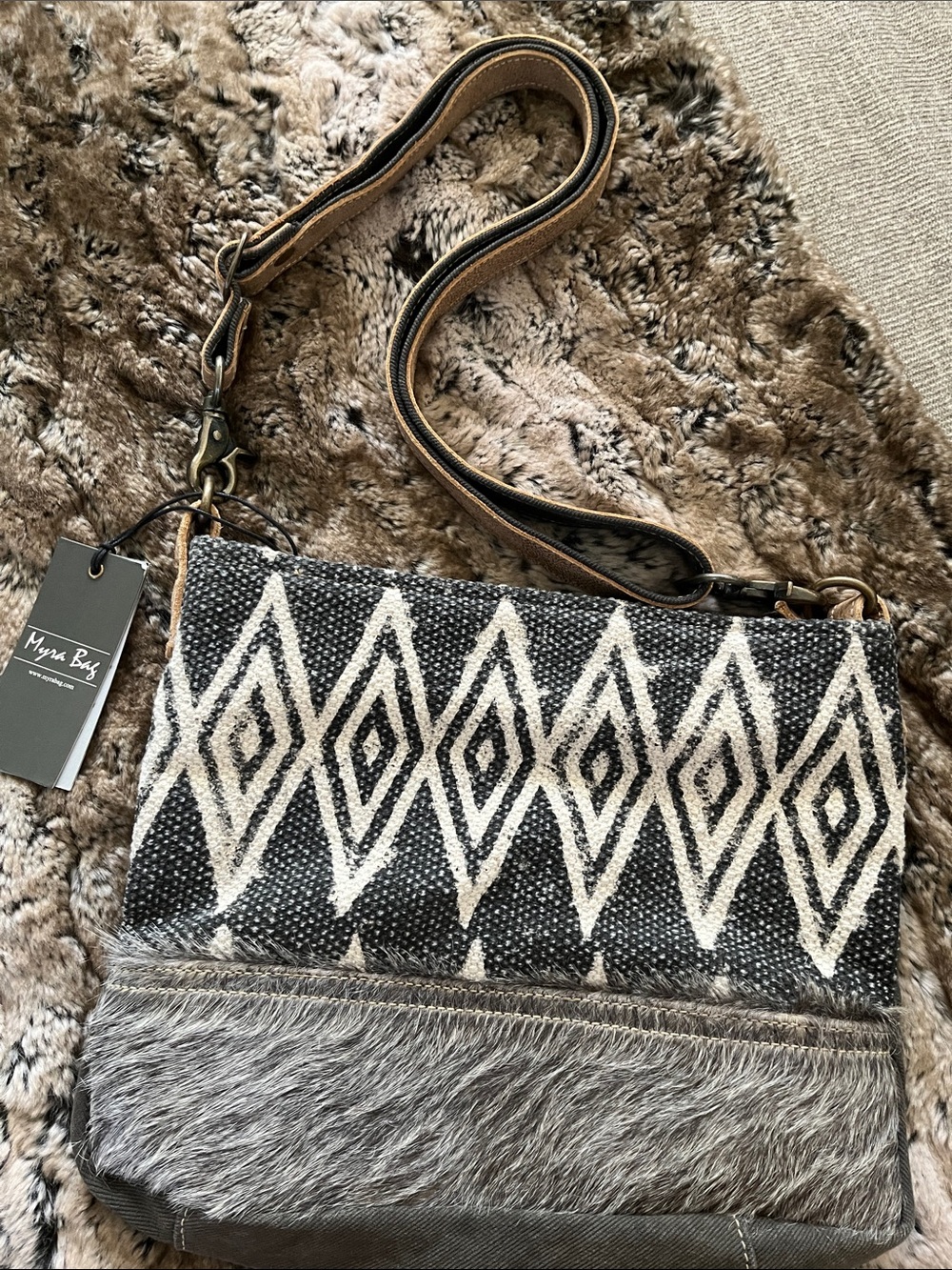 Myra Bag Black & Cream Diamond Pattern Crossbody with calf fur bottom Trim